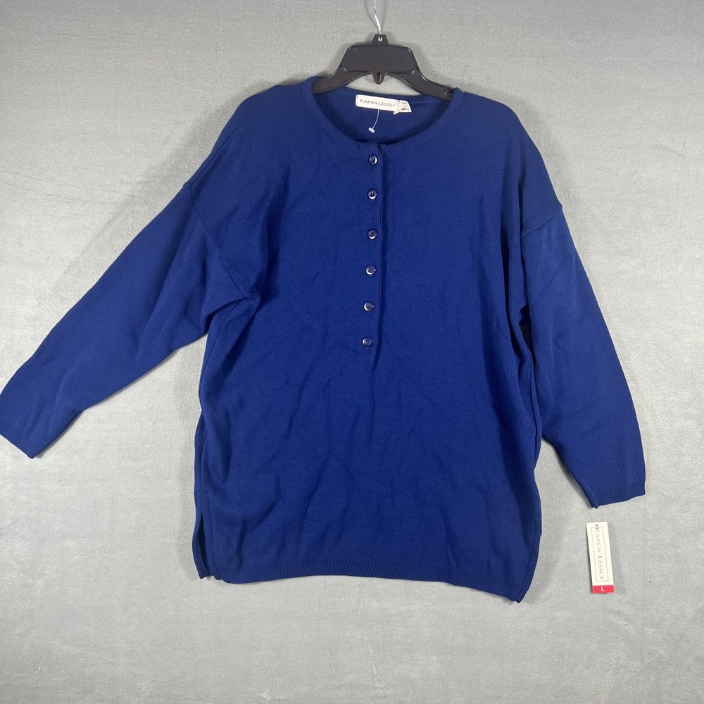 Karen Lessly Women's Blue 100% Acrylic Button Front Sweater L Made in USA‎ NWT